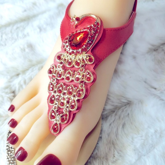 Red Rhinestone Peacock Toe Strap Sandals - Picture 7 of 15
